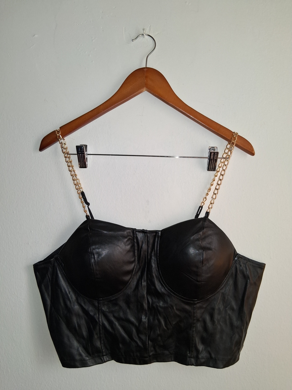 Women’s Black Faux Leather Bustier Crop Top with Gold Chain Straps